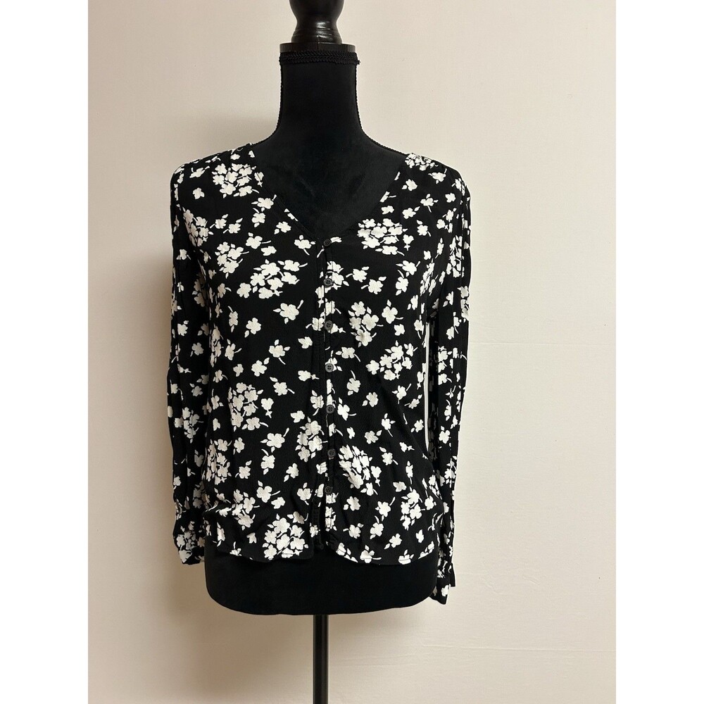 LOFT Womens Sz XS Top V-Neck Black White Floral Print Button Up Long Sleeve